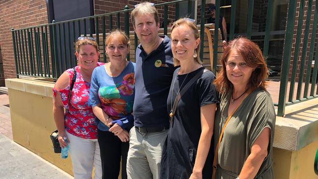 Lorraine Gooden (second from left) with her husband Nick, outside Manly Court House in January with supporters Michelle Clark (left), Katie Anderson (second from right) and Gitta Johnston. Picture: Jim O'Rourke