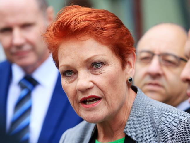 23/5/18 One nation senator Pauline Hanson (centre) and One nation WA senator Peter Georgiou (right) during a press conference outside the banking and financial services royal commission in Melbourne. Aaron Francis/The Australian