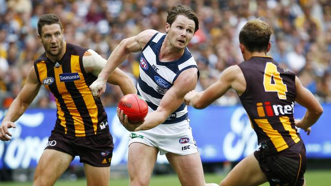 Patrick Dangerfield starred in his first game for Geelong against Hawthorn in Round 1. Picture: Colleen Petch