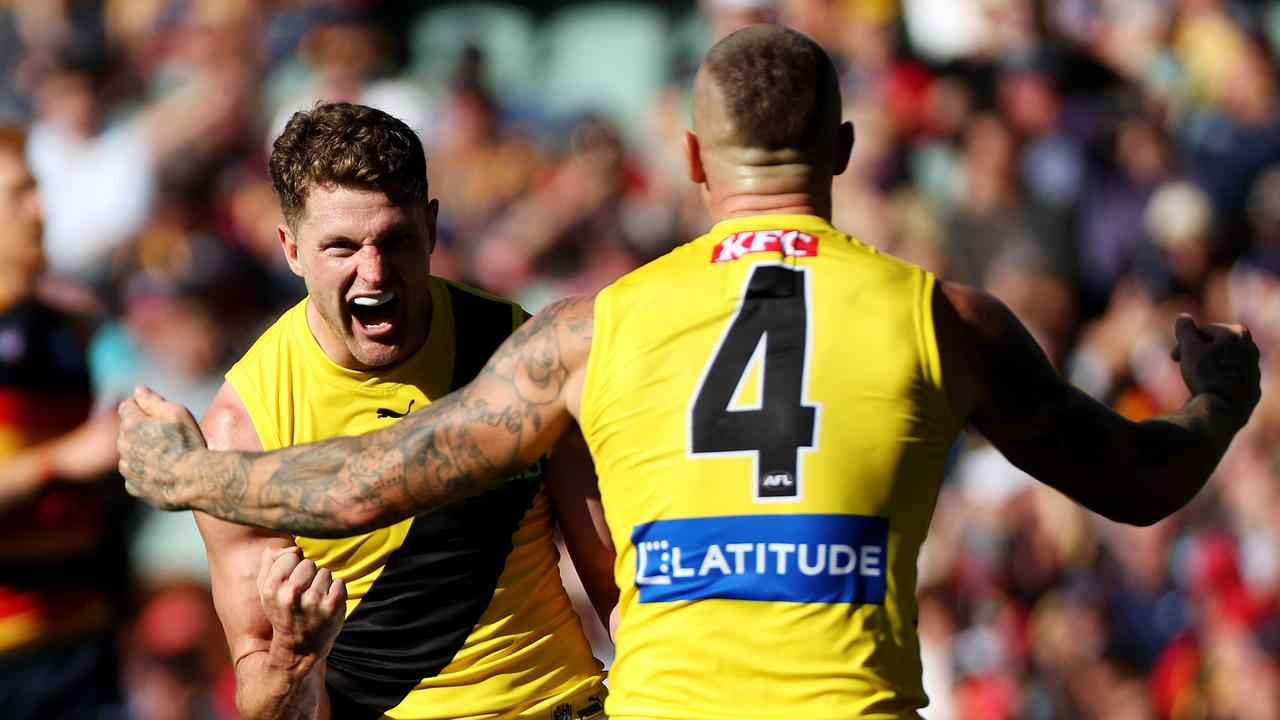 Jacob Hopper and Dustin Martin will both miss Richmond’s round 3 clash against Collingwood after they were instrumental in the Tigers’ win over the Crows. Picture: James Elsby / Getty Images