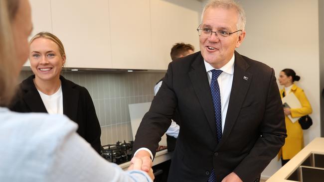 Mr Morrison has been frantically visiting housing developments and outer suburbs. Pictured here at a housing site in Armstrong Creek, Geelong. Picture: Asanka Ratnayake/Getty Images