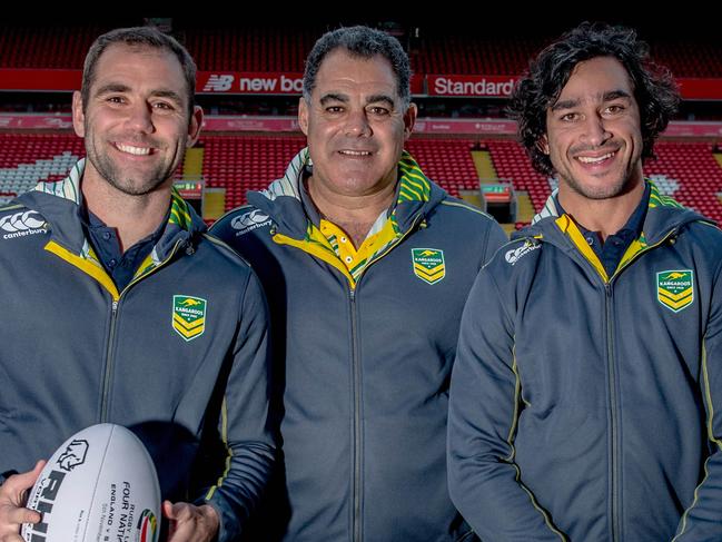 Image ©Licensed to i-Images Picture Agency. 24/10/2016. Liverpool, United Kingdom. Four Nations launch. L to R Australia's Greg Inglis, Cameron Smith, Mal Meninga, Johnathan Thurston, Matthew Scott, join players from the Four Nations Rugby League teams during a press conference at Liverpool FC, Anfield, Liverpool, before the tournament starts on Friday 28th October. Picture by Andrew Parsons / i-Images