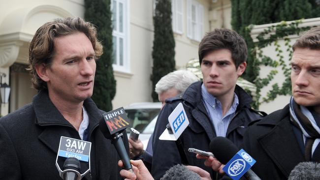 Essendon coach James Hird makes a statement outside his home in Melbourne, Wednesday, August 28, 2013 after being suspended for 12 months over the supplements scandal. Photo: AAP Image/Joe Castro.