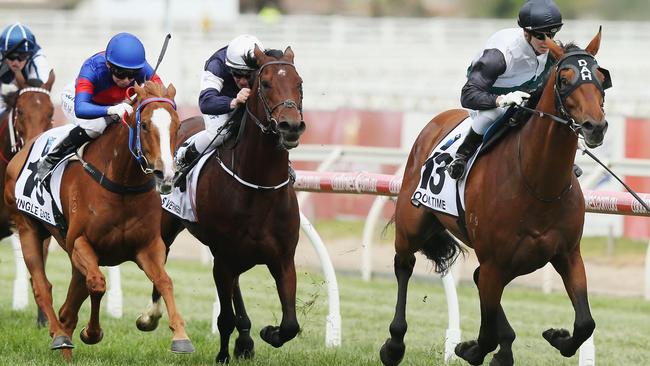 MELBOURNE, AUSTRALIA — OCTOBER 21: Boom Time ridden by Cory Parish wins the BMW Caulfield Cup during Melbourne Racing at Caulfield Racecourse on October 21, 2017 in Melbourne, Australia. (Photo by Michael Dodge/Getty Images)