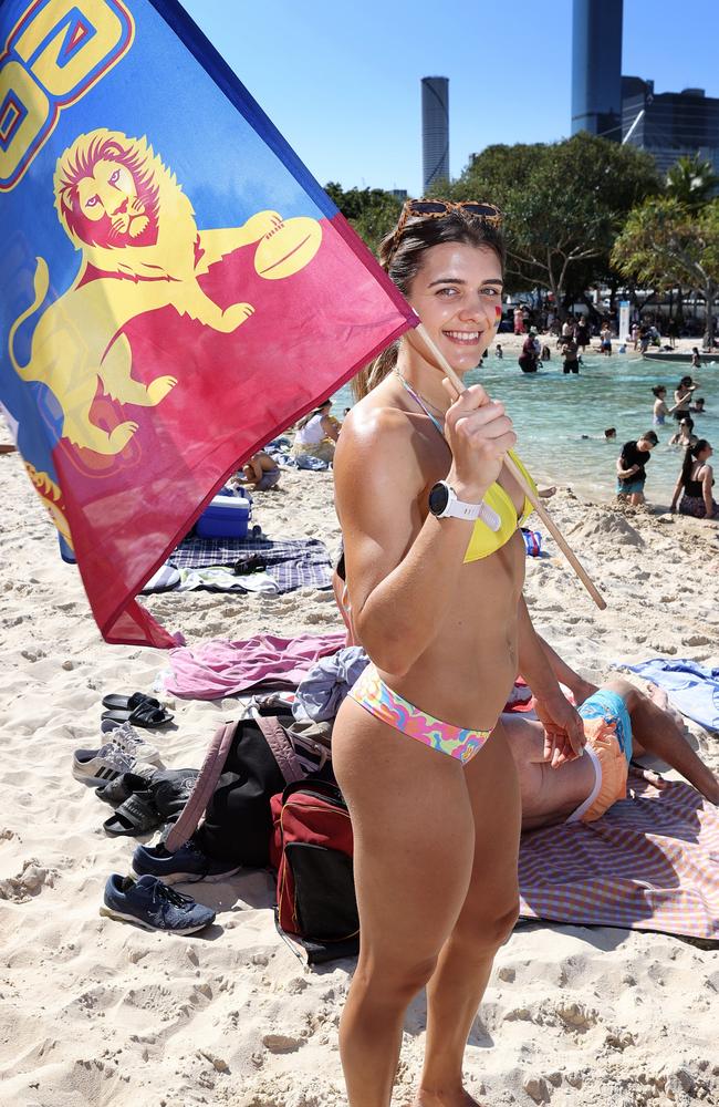 Lions fan Madigan Paine, 28, of Toowoomba, at the Brisbane Lions AFL Grand Final live viewing site, South Bank. Picture: Liam Kidston