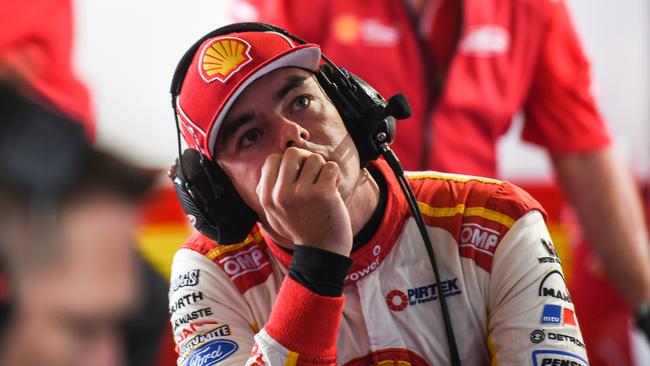 Scott McLaughlin watches teammate Alex Premat grind to a halt.