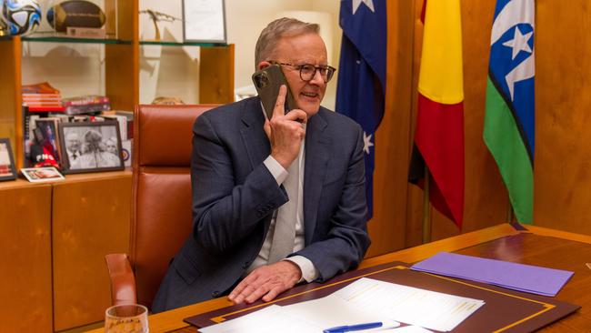 Prime Minister Anthony Albanese talks to Julian Assange as he arrived back in Australia. Picture: PMO