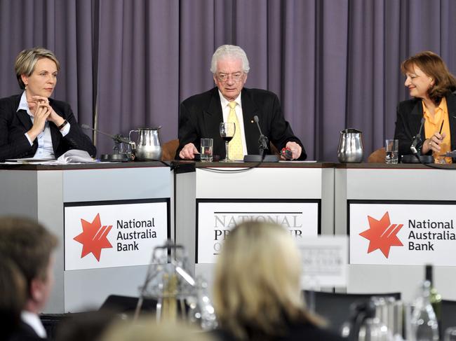 National Press Club president Ken Randall sits between then-Opposition spokesman for the Status of Women, Dr Sharman Stone (right) and Status of Women minister Tanya Plibersek in Canberra in 2010. Picture: AAP Image/Alan Porritt