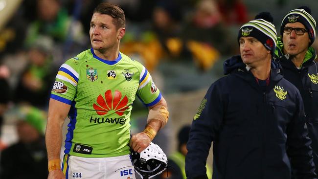 CANBERRA, AUSTRALIA - JULY 14: Jarrod Croker of the Raiders walks from the field with an injury during the round 18 NRL match between the Canberra Raiders and the North Queensland Cowboys at GIO Stadium on July 14, 2018 in Canberra, Australia. (Photo by Mark Nolan/Getty Images)