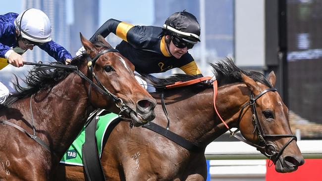 Jamie Kah riding Deny Knowledge to victory in the Matriarch Stakes. Picture: Pat Scala/Racing Photos via Getty Images