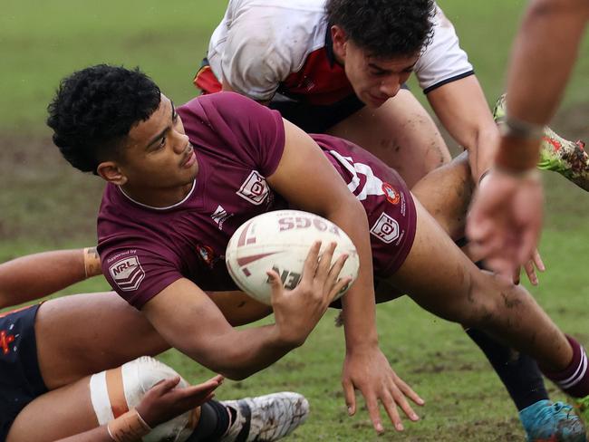 QLD player 13, Karl Oloapu, ASSRL National Semi-finals, QLD vs NSW CIS (18), Redcliffe. Picture: Liam Kidston