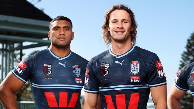 SYDNEY, AUSTRALIA - MAY 22: Tevita Pangai Junior, Nicholas Hynes and Hudson Young of the Blues pose during a NSW Blues State of Origin Media Opportunity at the Crowne Plaza, Coogee on May 22, 2023 in Sydney, Australia. (Photo by Mark Kolbe/Getty Images)