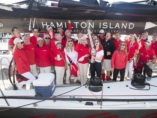 Crew and supporters of Wild Oats XI. Wild Oats XI skippered by Mark Richards sails up the River Derwent on her way to a 9th line honours victory in the 2018 Sydney to Hobart Yacht Race. The yacht crossed the line in 1d 19hrs 7mins 21secs . Picture: RICHARD JUPE