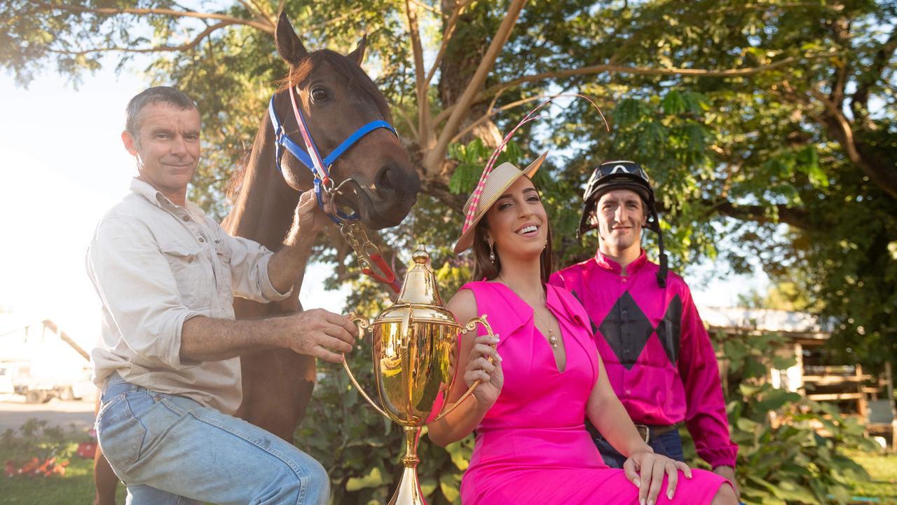 Trainer Gary Clarke, Live and Free a 5yo gelding running in the Darwin Cup, Darwin Turf Club ambassador Lily North and jockey Jarrod Todd with the Cup. Picture: Che Chorley