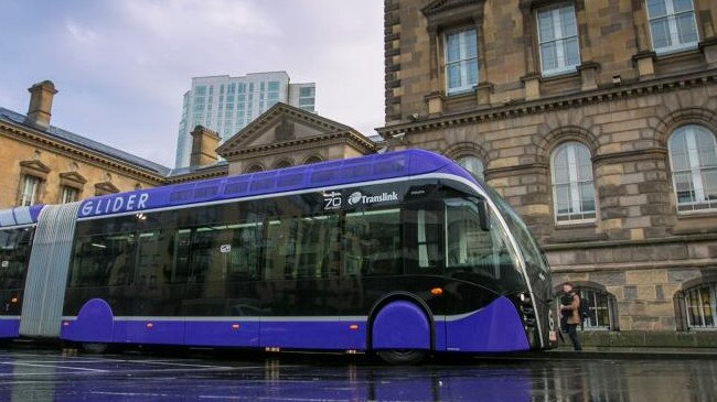 A Glider bus in use in Belfast, in a similar set-up to an RACQ proposal for Brisbane.