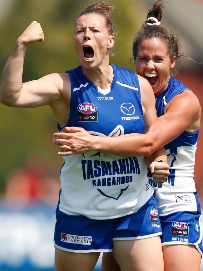 Expansion club North Melbourne recruited high-quality players for their first year in the AFLW, including Brittany Gibson (formerly of Brisbane Lions), left, and 2018’s premiership player and AFLW best and fairest winner Emma Kearney (formerly of the Western Bulldogs). Photo: Adam Trafford/AFL Media/Getty Images