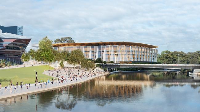 How the new arena will look from the River Torrens, alongside the Convention Centre.