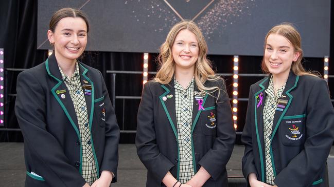 Aquinas College's college captain Mikaela Tenney, college ambassador Molly Daley; and college vice-captain Grace Scutt at the Ringwood school's 2021 Year 12 graduation ceremony. Picture: Supplied.