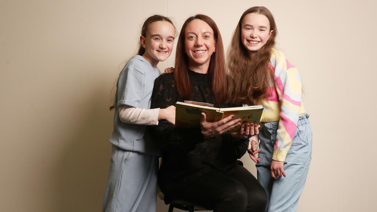 Cassie Xintavelonis child psychologist with daughter Calliope Xintavelonis, 9, and friend Sydney McInnes, 10. For Our Kids Count national push for Australia's first Children's Minister as the childhood mental health crisis spirals. Picture: Nikki Davis-Jones