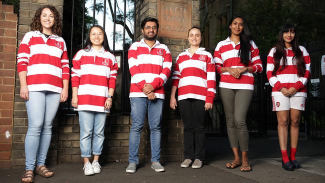 International students Madeline Spronken from Canada, Qinhui (Eva) Li from China, Abhishek Handa from India, Clara Strowel from Belgium, Rachel Koshy from India and Priya Rajgarhia from India at the Sancta Sophia College in Camperdown. Picture: Christian Gilles