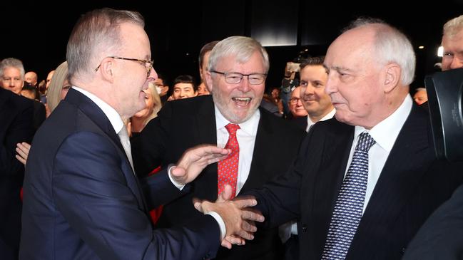 Anthony Albanese with Kevin Rudd and Paul Keating. Picture: Liam Kidston