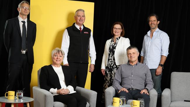 Flinders University and The Advertiser’s Fearless Conversation on manufacturing included The Advertiser’s Cameron England, Sharon Wilson (BAE Systems), Anthony Kittel (Redarc), Audra McCarthy (Defence Teaming Centre), Professor John Spoehr (Flinders University), and George Freney (tech entrepreneur). Picture Dean Martin