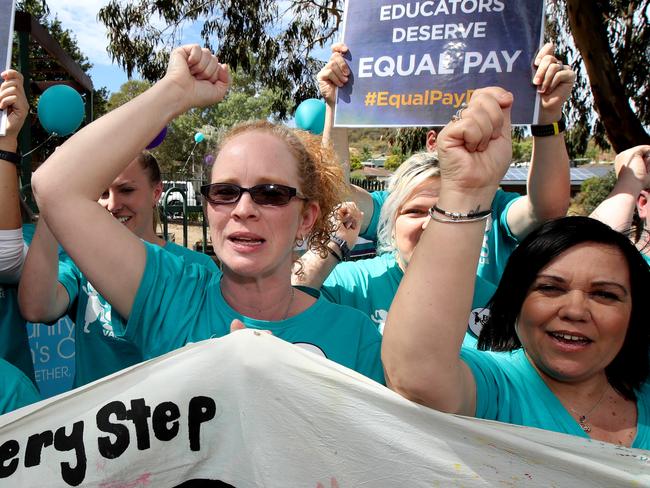 Rebecca Stiles, Director and Child Care Educator is see taking part in protests as part of nationwide strike action by early childhood educators, Hillbank Community Children's Centre Adelaide, Tuesday, March 27, 2018. Some childcare centres will close on Tuesday as 6,500 staff protest their "growing frustration and anger" with the federal government. (AAP Image/Kelly Barnes) NO ARCHIVING