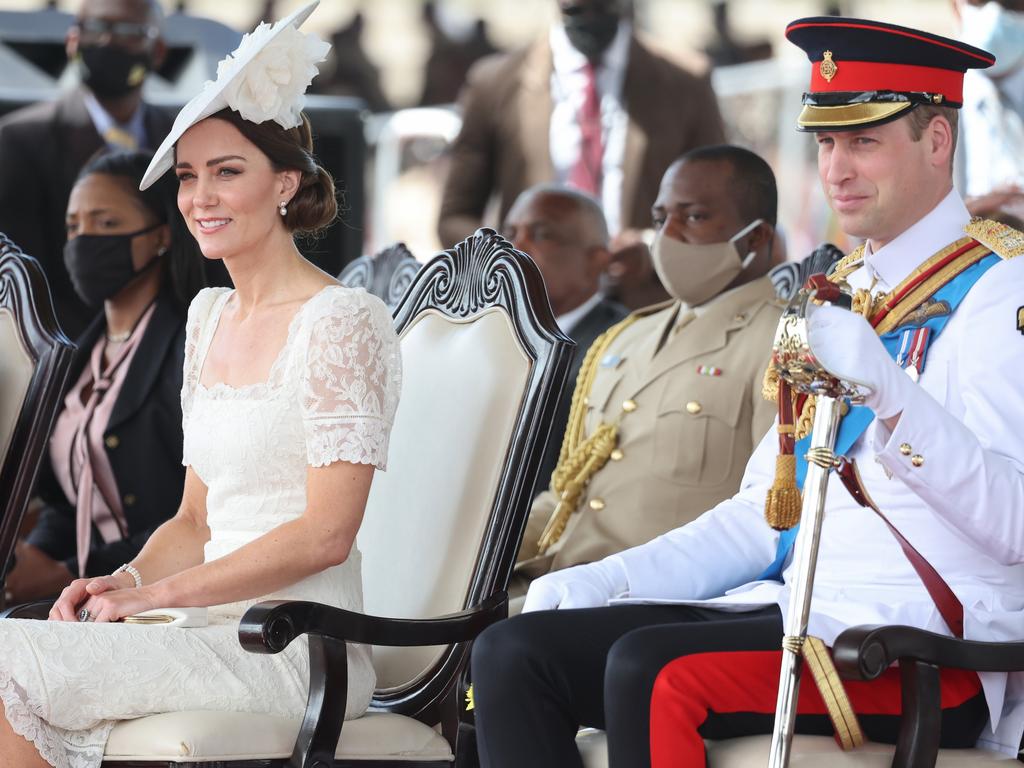 Kate Middleton and Prince William during the inaugural Commissioning Parade for service personnel from across the Caribbean. Picture: Getty Images