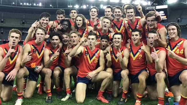 CHAMPIONS: South Australia celebrates its AFL under-18 division one championship after thumping Vic Metro by 55 points. Picture: SANFL.