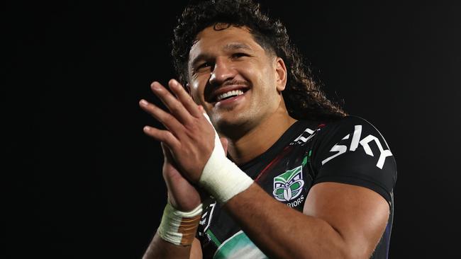 AUCKLAND, NEW ZEALAND - MAY 26: Dallin Watene-Zelezniak of the Warriors thanks fans after winning the round 12 NRL match between New Zealand Warriors and Dolphins at Go Media Stadium Mt Smart, on May 26, 2024, in Auckland, New Zealand. (Photo by Hannah Peters/Getty Images)