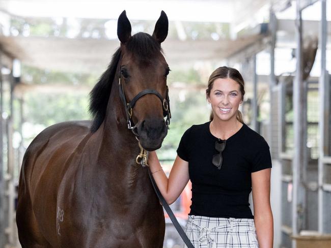 Hannah Mathiesen with Invincible Woman ahead of Magic Millions Race Day. Picture by Luke Marsden.