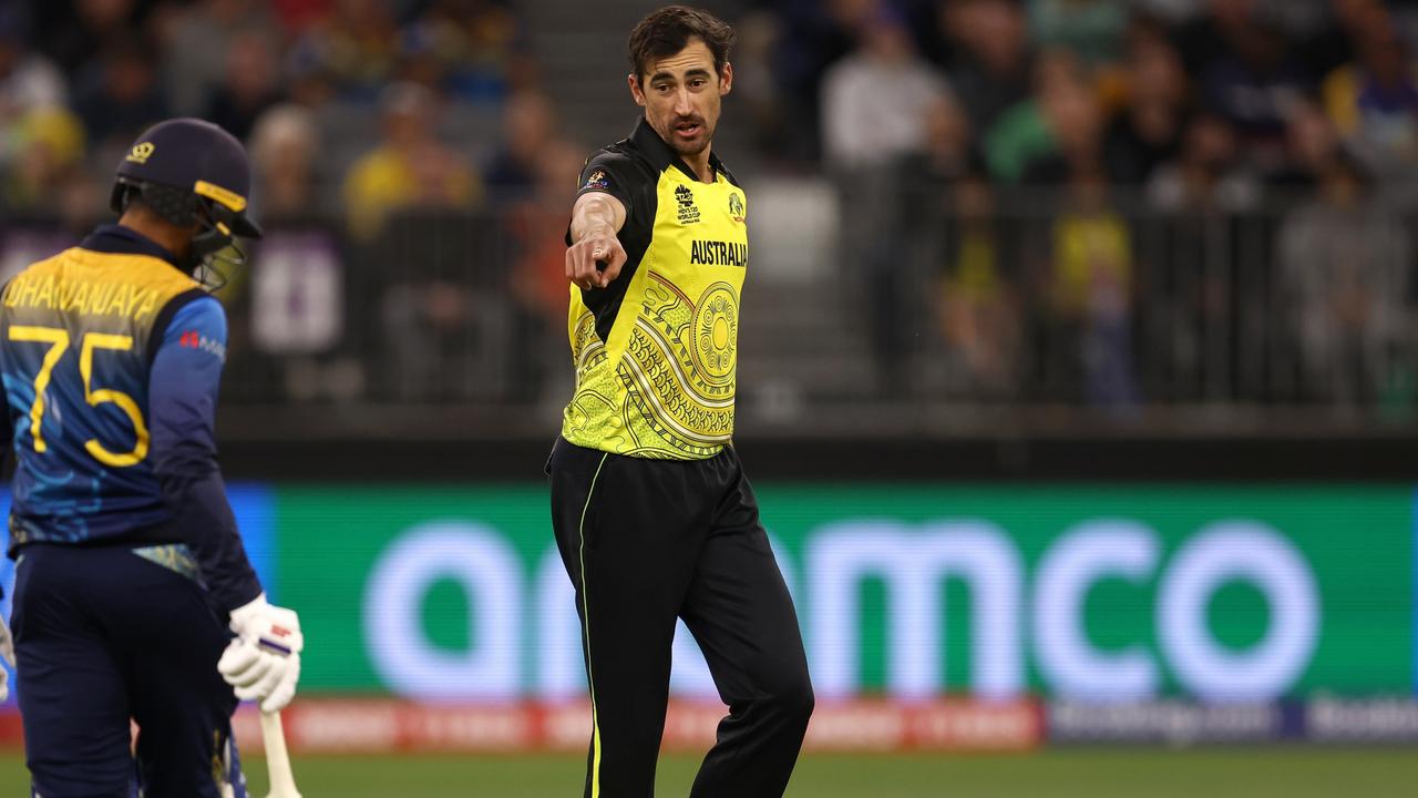 Mitch Starc pointing to the Perth pitch against Sri Lanka at the T20 World Cup. (Photo by Paul Kane/Getty Images)