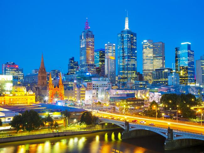 Australia, Victoria, Melbourne. View along the Yarra River towards Federation Square and Princess Bridge, elevated view, dusk.Escape 30 March 2025Why I TravelPhoto - Getty Images