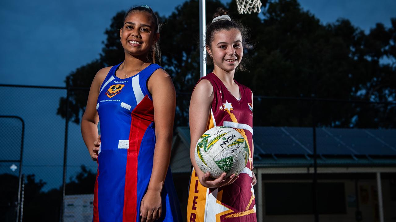 SA Little Legends Nazaria Coleman, 12, form Playford Districts, is pictured with Marley Koen, 11, from Gawler Districts, ahead of the School Sport SA Sapsasa State Carnivals. The image, celebrating school sport in SA, was captured by news photographer Tom Huntley