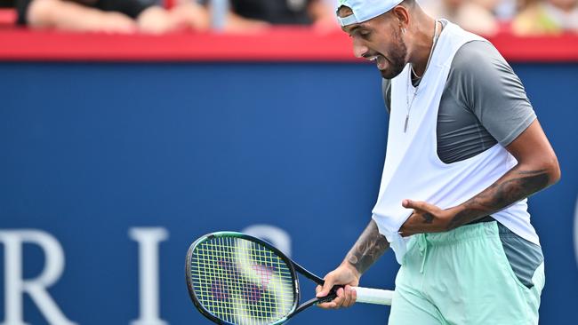 MONTREAL, QUEBEC - AUGUST 10: Nick Kyrgios of Australia reacts after losing a point against Daniil Medveded during Day 5 of the National Bank Open at Stade IGA on August 10, 2022 in Montreal, Canada. (Photo by Minas Panagiotakis/Getty Images)