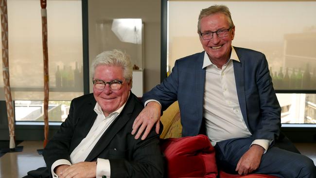 Bega Cheese executive chairman Barry Irvin, right, and his good friend and adviser David Williams in Melbourne. Picture: Stuart McEvoy