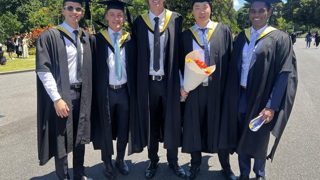 Master of Civil Engineering graduates: Marcus Petricca, Marcel Moran, Scott Baker, Jun Rae Cho and Nipuna Athukorala at the University of Melbourne graduations held at the Royal Exhibition Building on Friday, December 13, 2024. Picture: Jack Colantuono