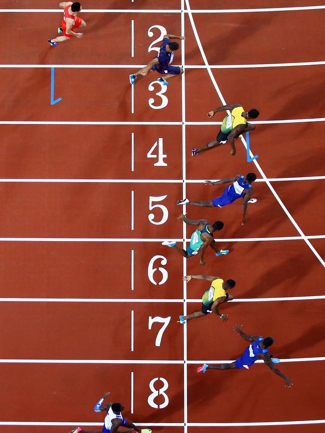 As they finished: Justin Gatlin (lane 8) wins gold ahead of Chris Coleman (lane 5) and Usain Bolt (lane 4). Photo: Getty Images