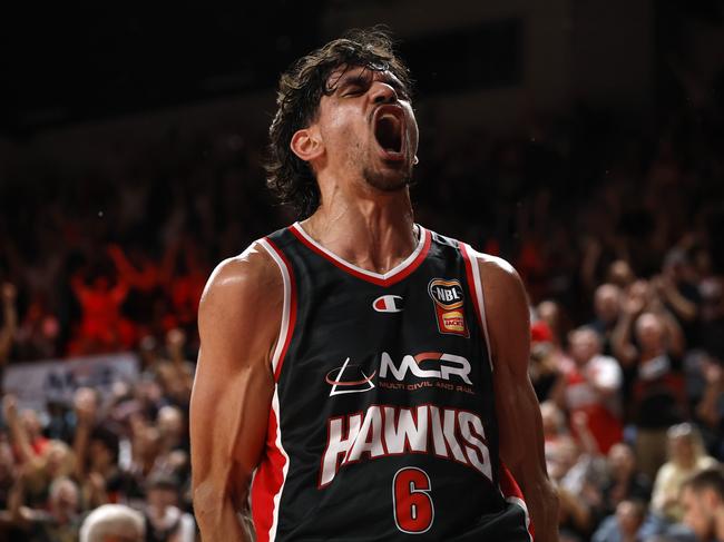 WOLLONGONG, AUSTRALIA - MARCH 23: William Hickey of the Hawks reacts during game five of the NBL Grand Final Series between Illawarra Hawks and Melbourne United at WIN Entertainment Centre, on March 23, 2025, in Wollongong, Australia. (Photo by Darrian Traynor/Getty Images)