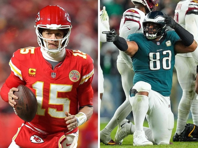 Patrick Mahomes and the Chiefs are looking for a three-peat against Australian Jordan Mailata's Eagles. Pictures: Getty