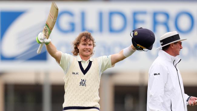 Will Pucovski celebrates after reaching his century during day two of the Sheffield Shield match between South Australia and Victoria.