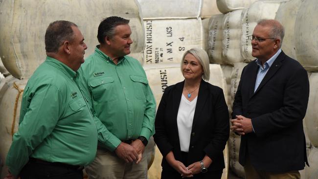 Nutrien Ag Solutions GM John Tuskin and state wool manager Stewart Raine with Liberal candidate for Lyons Suzie Bower and Prime Minister Scott Morrison at Nutrien's Evandale wool storage facility. Picture: Alex Treacy