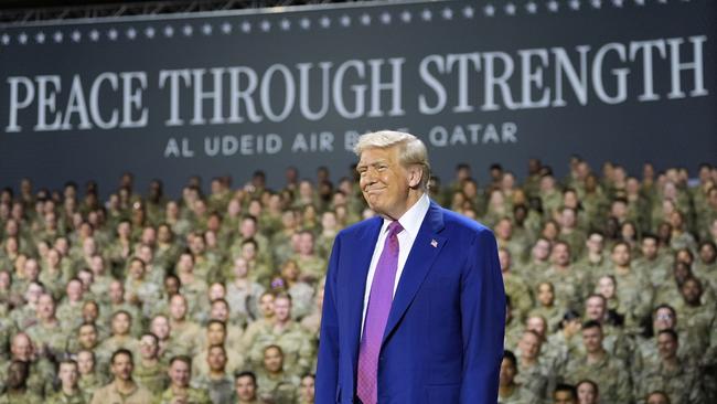 President Donald Trump smiles on stage at the Al Udeid Air Base, Thursday, May 15, 2025, in Doha, Qatar. Picture: AP Photo/Alex Brandon