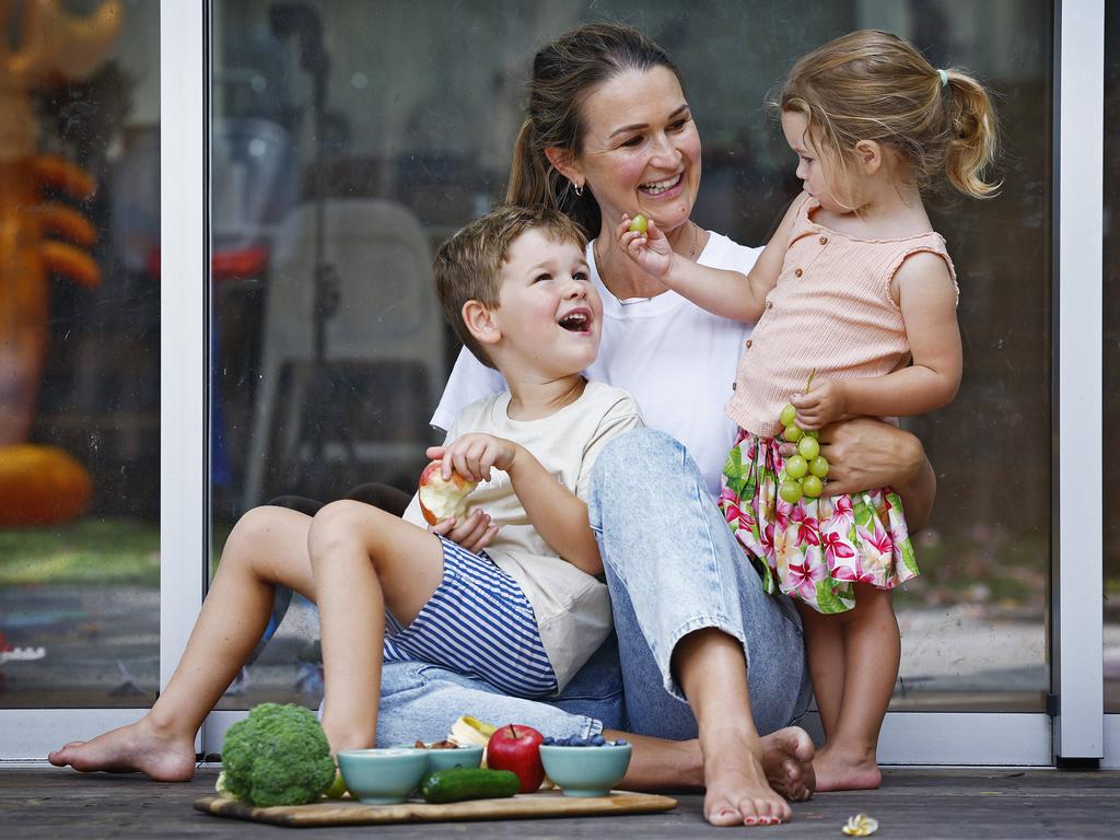 Kelly Ryan with kids Hugo, 5, and Matilda, 2, enjoy eating superfoods. Picture: Sam Ruttyn