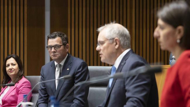 CANBERRA, AUSTRALIA-NCA NewsWire Photos DECEMBER 11 2020.Prime Minister Scott Morrison with state and territory premiers for National Cabinetduring a press conference in Parliament House Canberra. L-R: QLD Premier Annastacia Palaszczuk, Victorian Premier Daniel Andrews, Prime Minister Scott Morrison, NSW Premier Gladys Berejiklian, SA Premier Steven Marshall and WA Premier Mark McGowan.Picture: NCA NewsWire / Gary Ramage