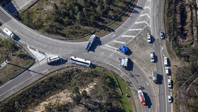 Aerial scene from the site where ten people have died, and 11 people were hospitalised after a bus carrying wedding guests crashed in the Hunter Valley. Picture: Christian Gilles