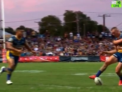 Knights fans claimed Gutherson dropped the ball prior to his kick. Picture: Fox Sports