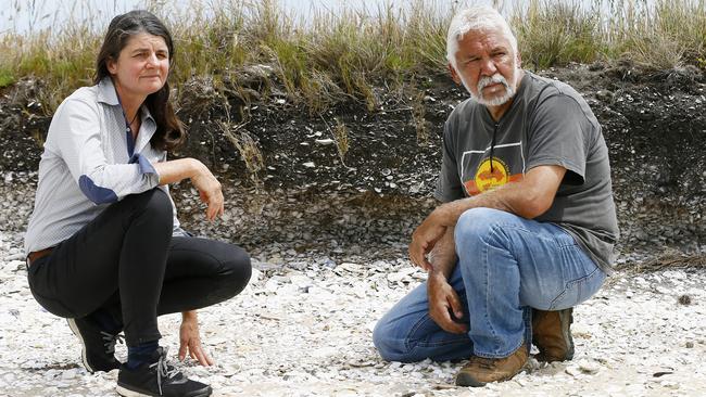 Re Imagine The End founder Robyn McNicol and Aboriginal Heritage community member Rocky Sainty at the site of the proposed development. Picture: MATT THOMPSON