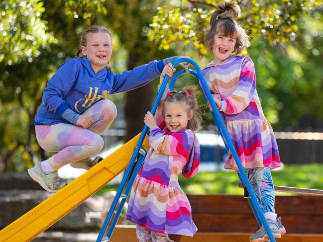 L-R Rhiannon, 9, Kayley, 5, and Jasmine, 7.Victoria's first Saturday Kinder program. Glen Education McKinnon Kindergarten offers 3yo and 4yo kinder on Saturdays to help parents who might have to work on the weekend. Picture: Jason Edwards