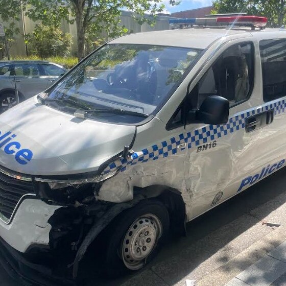 A police car damaged during Doonside pursuit.